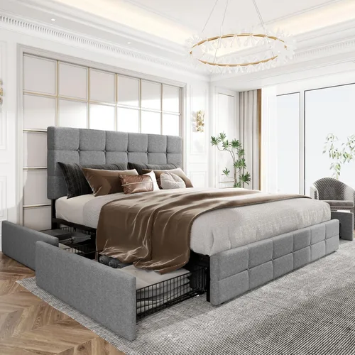 Miniatura 12 de HOOMIC Base de cama de almacenamiento de plataforma de tamaño matrimonial con 4 cajones y cabecera ajustable, listones de madera, no necesita Gris