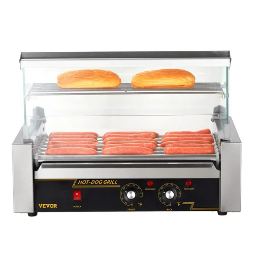 Miniatura 10 de VEVOR - Parrilla de rodillos para hot dogs y salchichas, de acero inoxidable, 1050 W, control doble de temperatura, tapa acrílica, bandeja