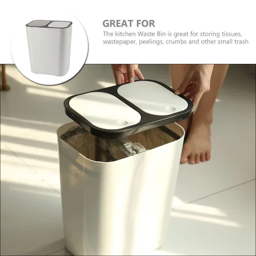 Miniatura 7 de Bote de basura de doble compartimento para residuos de cocina, contenedor de basura blanco con tapa para separación seca y húmeda, elegante cubo
