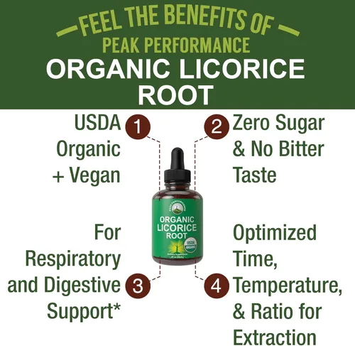 Miniatura 2 de Suplemento líquido de extracto de raíz de regaliz orgánico USDA. Tintura vegana para la digestión + salud respiratoria. Hierba de aceite de raíz
