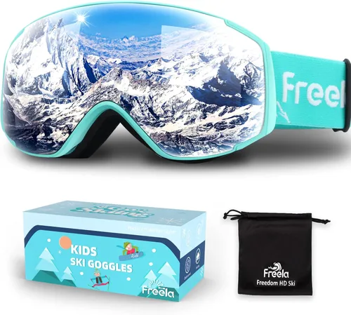 Freela Gafas de esquí y snowboard para niños pequeños (3-14) jóvenes anti niebla anti UV gafas niñas niños equipo de esquí de nieve Lente plateada B