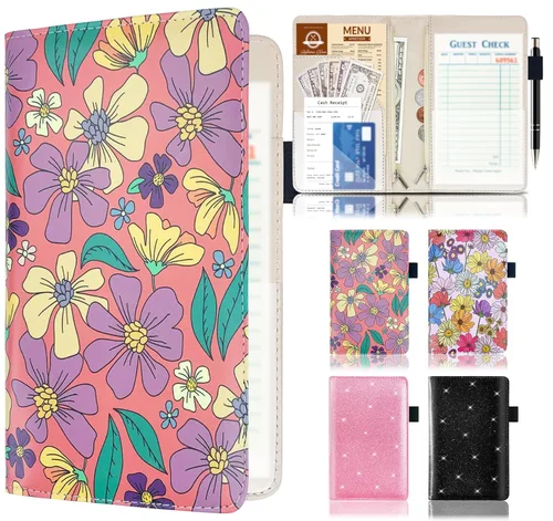 Libro de mesero con 2 bolsillos con cremallera, organizador de libro de mesero con cubierta floral de cuero para camarera, linda cartera de dinero