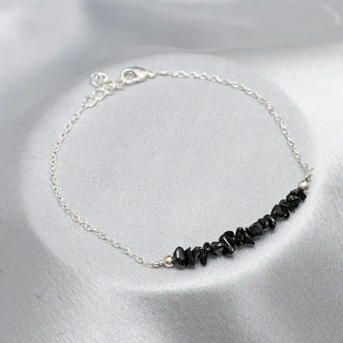 Miniatura 5 de Gempires Natural Black Tourmaline Chips Bar Bracelet, 3-4 mm Chips With 7+1 inch Adjustable Silver Plated Chain (Black Tourmaline)