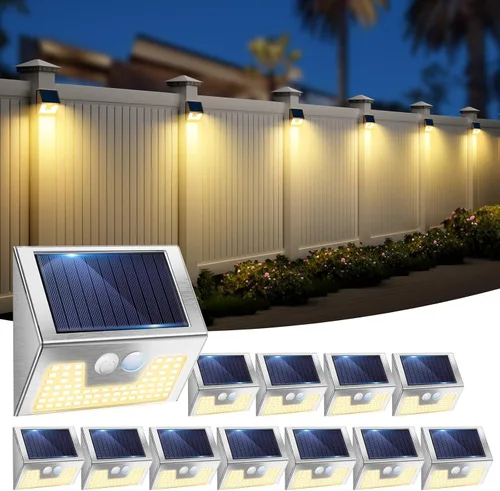 Miniatura 21 de vighep Paquete de 12 luces solares de movimiento para exteriores, luces impermeables para valla al aire libre, luces LED de pared blancas cálidas