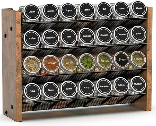 NESAPTO Organizador de especias para gabinete, organizador de condimentos vertical de madera de 4 niveles, montaje en pared o estante de especias de