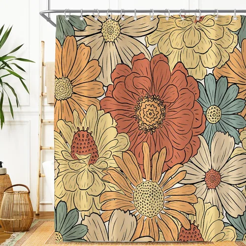 Miniatura 48 de Cortina de ducha pequeña para casa rodante, tamaño medio, estilo retro de los 70, con flores bonitas, estética abstracta de margaritas, decorativa