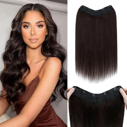 Miniatura 11 de Benehair Extensiones de cabello humano real de una pieza con clip, 3/4, cabeza completa, en forma de V, trama más gruesa, malla de encaje, Negro