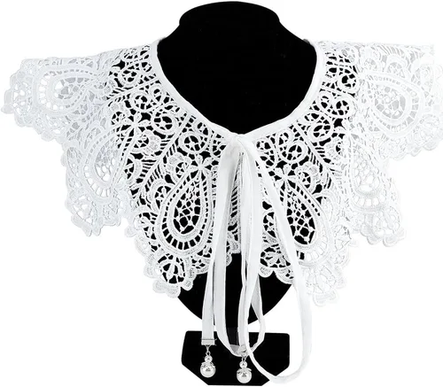 Miniatura 9 de GORGECRAFT Collar de encaje blanco para Halloween, cuello falso de encaje, para mujer, ahuecado, desmontable, tela de flores falsas, cuello