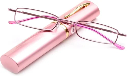 Lentes de lectura de tubo de bolsillo, ultra delgados, compactos, unisex, ligeros, con clip de bolsillo portátil, estuche de aluminio, color rosa