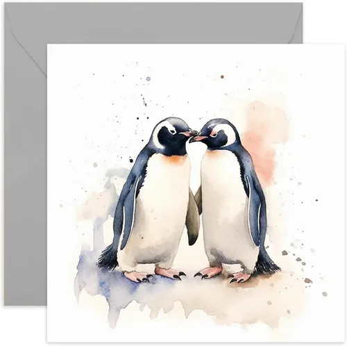 Old English Co. Tarjeta de aniversario de boda de pingüino para esposa o marido, tarjeta de felicitación de ilustraciones de pingüino de acuarela