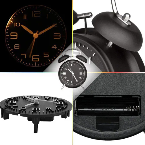 Miniatura 7 de Azyh Reloj despertador ruidoso para adultos que duermen pesados, de metal de 4 pulgadas, doble campana, funciona con pilas, para decoración de Negro