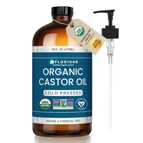 Florisan Aceite de ricino orgánico certificado por USDA, botella de vidrio de 16 onzas, prensado en frío, sin hexano, sin OMG, vegano, 100% puro