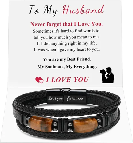 JoycuFF Pulseras de cuero trenzado marrón para hombre, regalos para papá, novio, marido, hijo, nieto, hermano, para siempre, para el día del padre,