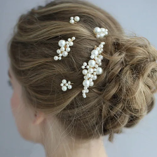 Miniatura 3 de inSowni Paquete de 26 peines laterales de boda con perlas de flores doradas+horquillas en forma de U, pasadores decorativos con diamantes