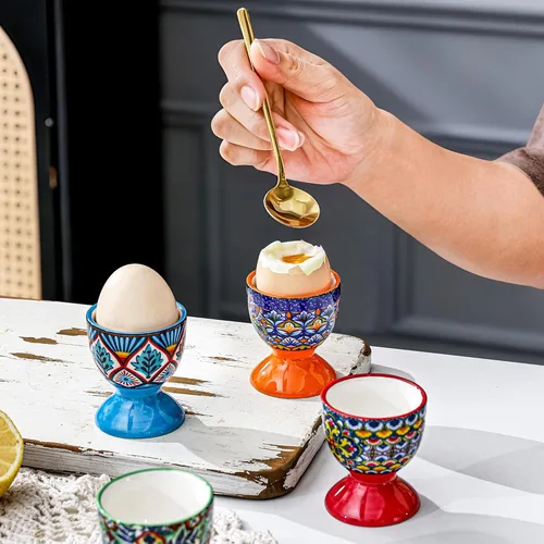 Miniatura 8 de HENXFEN LEAD Juego de 6 vasos de cerámica boho para huevos coloridos para huevos duros y suaves, aptos para microondas y lavavajillas, perfectos