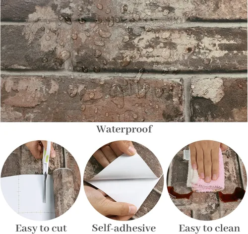 Miniatura 6 de VaryPaper Papel tapiz retro de ladrillo marrón de 32''x354'' despegar y pegar para dormitorio, papel de contacto de ladrillo sintético, impermeable