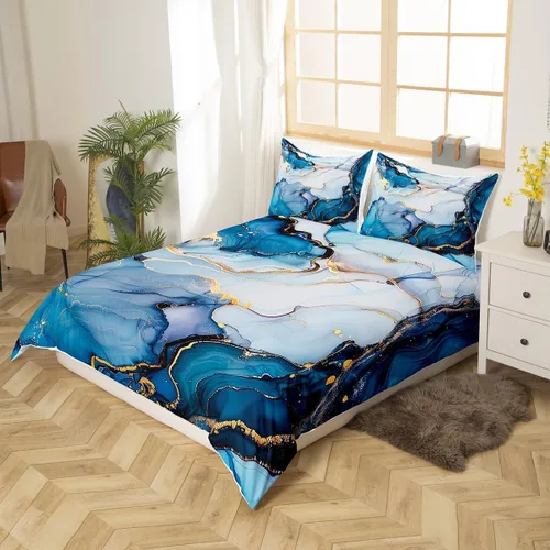 Miniatura 3 de Erosebridal Juego de ropa de cama de mármol líquido azul aguamarina, funda de edredón con estampado de mármol con patrón de mármol abstracto, juego