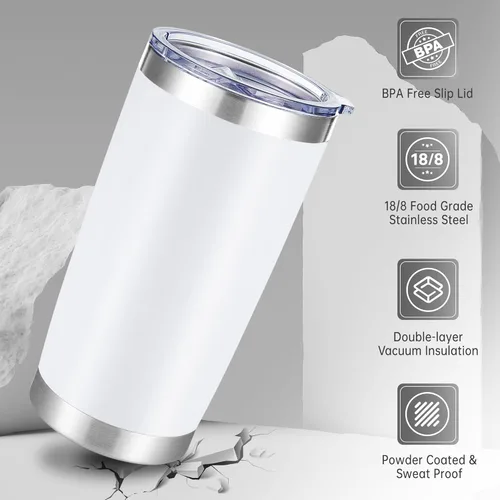 Miniatura 4 de Vasos de 20 onzas de acero inoxidable a granel con tapa, doble pared aislada al vacío, taza de café de 20 onzas con recubrimiento en polvo