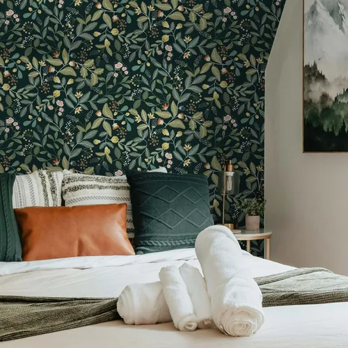 Miniatura 5 de Ismoon Papel tapiz verde para despegar y pegar, diseño bohemio floral y hojas en papel adhesivo grueso, papel adhesivo botánico oscuro, extraíble