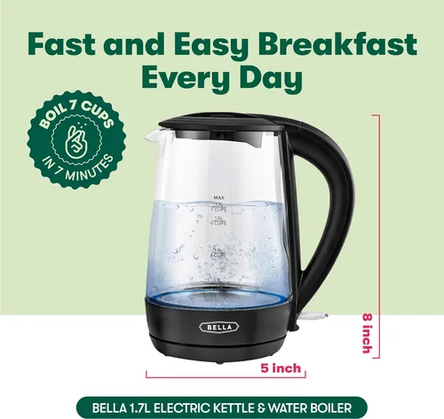 Miniatura 2 de bella Hervidor eléctrico de vidrio de 1.7 litros, hierve rápidamente 7 tazas de agua en 6-7 minutos, las luces LED azules suaves se iluminan Negro