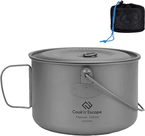 COOK'N'ESCAPE Utensilios de cocina de titanio para acampar, kit de desorden de cantina, comedor de camping con olla y sartén, utensilios de cocina