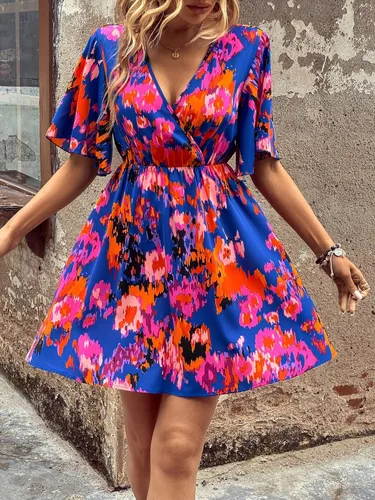 Miniatura 6 de OYOANGLE Vestido acampanado acampanado con cuello en V y manga corta de mariposa para mujer