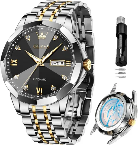 Miniatura 55 de OLEVS Reloj de pulsera automático con diseño de esqueleto para hombre, de lujo, con diamantes de lujo, de acero inoxidable, calendario, reloj