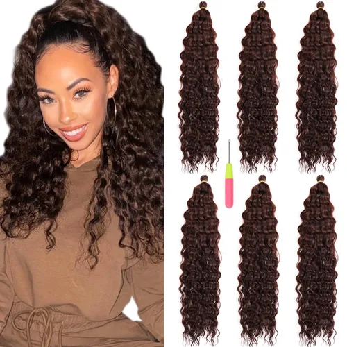 MAYSA Extensiones de cabello sintético de ganchillo con ondas oceánicas, color 4 marrón, 22 pulgadas, rizado trenzado, extensiones de cabello