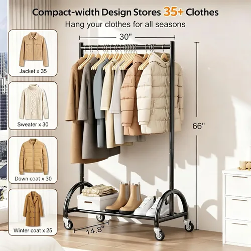 Miniatura 3 de MISSLO Perchero de ropa resistente con ruedas para colgar ropa, abrigos, ropa, vestidos, negro, 30 pulgadas de ancho