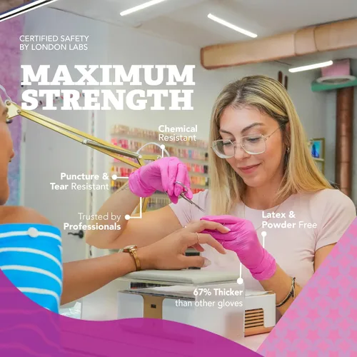Miniatura 3 de London Labs 4 mil guantes de nitrilo rosa fucsia, desechables, sin látex y sin polvo, resistentes a productos químicos, guantes de goma rosa