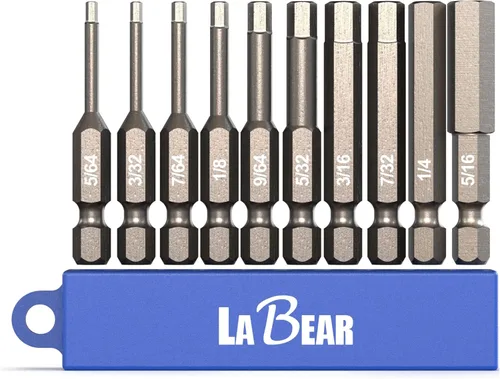Miniatura 6 de LABEAR - Juego de 10 piezas de llaves Allen de cabeza hexagonal con mango de 1/4" y 4 pulgadas de largo, en S2 acero, tamaños 5/64", 3/32", 7/64