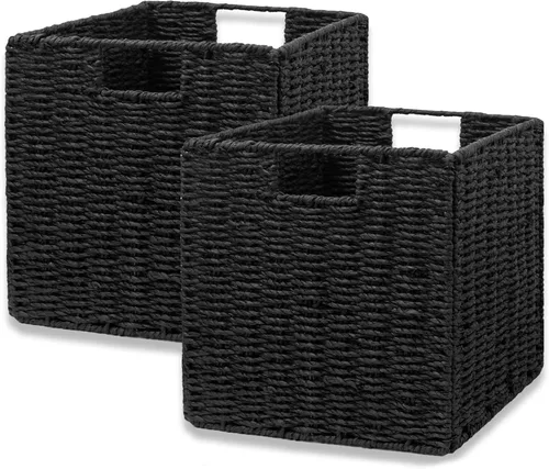 VAGUSICC - Canastas de almacenamiento tejidas a mano, juego de 2, con asas, plegables, tipo cubo, de 13 pulgadas, grandes, de mimbre, para estantes