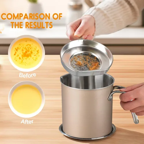 Miniatura 3 de Chihee Contenedor de grasa de acero inoxidable para tocino con filtro de malla fina, 2 litros/67.6 onzas líquidas, lata de aceite de cocina con tapa