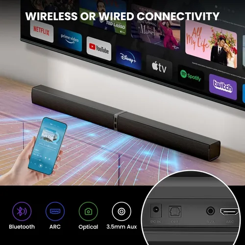 Miniatura 13 de MZEIBO Barra de sonido para Smart TV, barra de sonido Bluetooth desmontable de 80 W con graves potentes, sistema de audio de cine en casa 2 en 1
