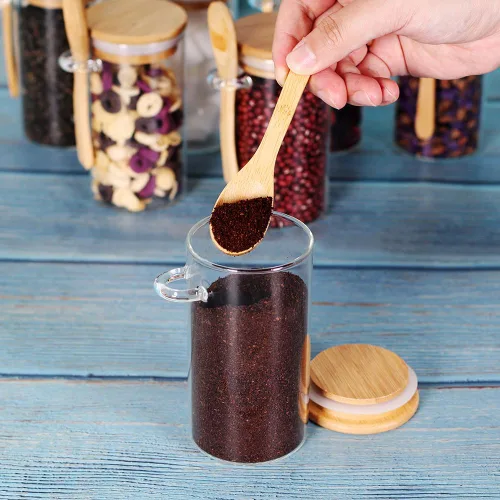 Miniatura 6 de Tarro de vidrio con tapa y cuchara de bambú, paquete de 8 recipientes de té de 10 onzas para té de hojas sueltas, recipientes de sal y azúcar