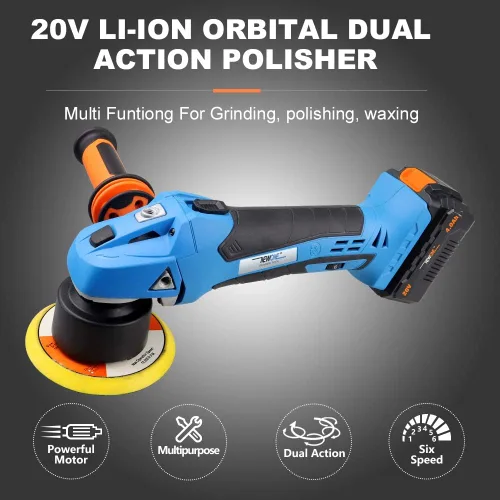 Miniatura 2 de NEWONE Pulidora orbital redonda inalámbrica de 20 V, búfer de doble acción, 5 pulgadas, 6 velocidades variables, mango antivibración, cera de pulido