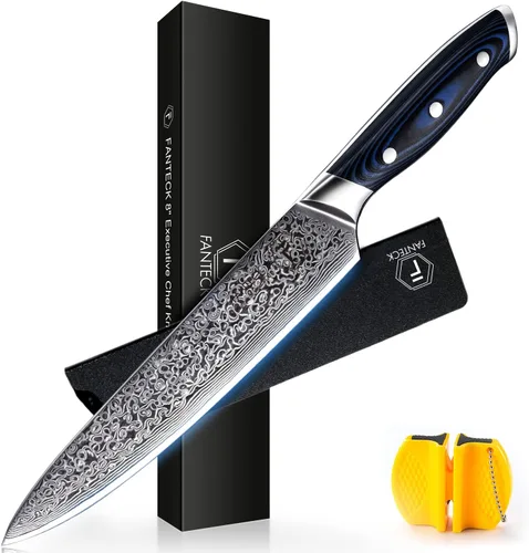 Miniatura 10 de FANTECK Santoku Cuchillo de cocina de acero japonés de Damasco de 5 pulgadas, VG10 de 67 capas de alto carbono, espiga completa, cuchillos Santoku