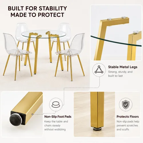Miniatura 4 de Juego de mesa de comedor gopop de 5 piezas para 4, juego de mesa de comedor redonda de vidrio para 4, mesa de vidrio templado con 4 sillas