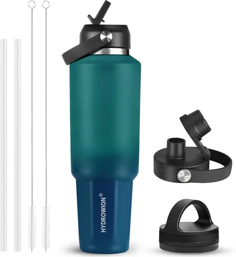 Miniatura 54 de HYDROWION Botella de agua de acero inoxidable, 32 onzas, boca ancha, doble pared, aislada al vacío, con tapa de pajilla, tapa de boquilla y tapa