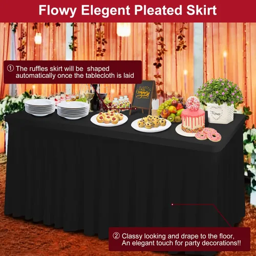 Miniatura 4 de Falda de mesa gruesa de elastano 2 en 1 y funda de 6 pies, mantel rectangular ajustable con falda plisada, mantel rectangular sin arrugas para Negro