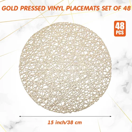 Miniatura 2 de Sieral 48 Paquetes Manteles Individuales Redondos Dorados de 15 Pulgadas Calados de Vinilo Prensado Resistentes al Calor Manteles Individuales
