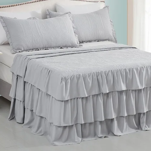 Miniatura 16 de CHIXIN Colcha con falda con volantes, tamaño Queen, caída de 30 pulgadas de largo, estilo Shabby Chic, funda de cama ligera, juego de 3 piezas, 3