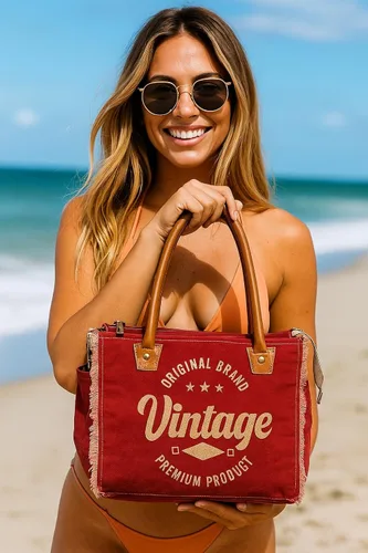 Miniatura 4 de Bolso de lona para mujer, bolso de hombro con asas de cuero, bolso de playa, bolso, viajes y uso diario (estampado vintage, rojo, 13 x 10 pulgadas)