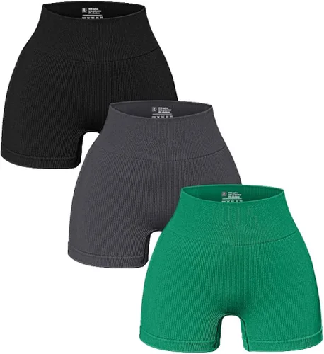 OQQ - Pantalones cortos de yoga para mujer acanalados sin costuras de cintura alta leggings atléticos 3 piezas