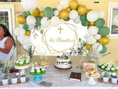 Miniatura 5 de Decoraciones de fiesta de bautismo, con telón de fondo verde Mi Bautizo, pancarta de globos verde salvia, kit de arco de guirnalda de arco