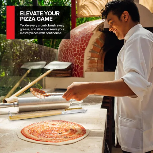Miniatura 6 de Kit de accesorios esenciales para horno de pizza, incluye mango de madera extralargo, 2 cabezales de cepillo con cerdas de acero inoxidable