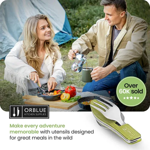 Miniatura 8 de Orblue Juego de cubiertos de camping 4 en 1, paquete de 2 - Juego de cuchara, tenedor, cuchillo y abridor de botellas portátil - Cubiertos de acero