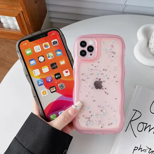 Miniatura 4 de Qokey Funda para iPhone 12 Pro Max de 6.7 pulgadas, diseño de onda rizada, borde transparente, brillante con purpurina, estrella brillante, bonita