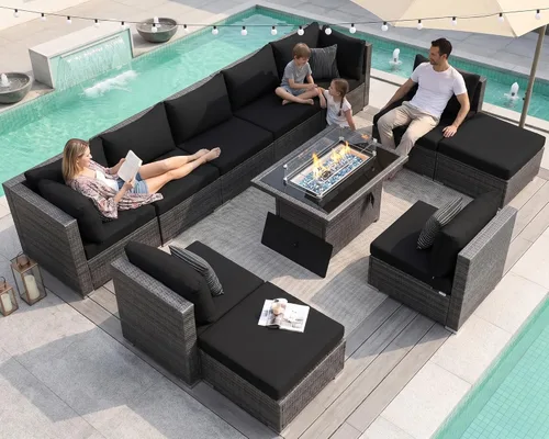 Miniatura 57 de NICESOUL Juego de muebles de patio para exteriores de 7 piezas con mesa para hoguera, gas natural y propano convertible, respaldo alto de 29.3