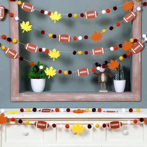 Miniatura 7 de Rtteri Guirnalda de fútbol de Acción de Gracias, guirnalda de pompones de bola de fieltro para decoración de fiesta de Acción de Gracias, decoración